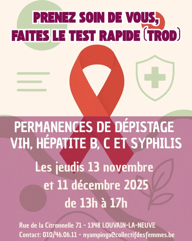 🩸 Ne manquez pas notre permanence de dépistage (test rapide) du VIH, de la syphilis et des hépatites B et C à Louvain-la-Neuve, demain !

@collectifdesfemmesasbl 

📆 Ce jeudi 11 décembre de 13H à 17H !