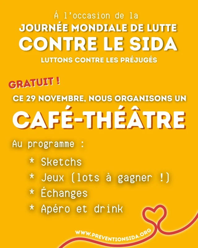 Ce samedi 29 novembre 2025, l’équipe Cool And Safe organise un café-théâtre !

Au travers de petites saynètes de théâtre et de jeux de rôle, nous vous proposons un espace d’échange autour des préjugés liés au VIH/Sida.
🎯 Le but ? Mettre à jour vos connaissances actuelles sur le VIH pour mieux lutter contres les préjugés et la discrimination envers les personnes vivant avec le VIH 🛑.
 
👉🏾 Cet évènement s’adresse à vous qui faites partie de communautés issues de la migration.
📆 Quand ? samedi 29/11/2025 de 17h-20h
📍 Où ? Au café BrewDog, Putterie 20, 1000 Bruxelles (métro 1-5 arrêt gare centrale, train : arrêt gare centrale)
💶 Entrée gratuite et libre
 
🧔🏽‍♂️ Personne de contact : Trésors KOUADIO : t.kouadio@preventionsida.org