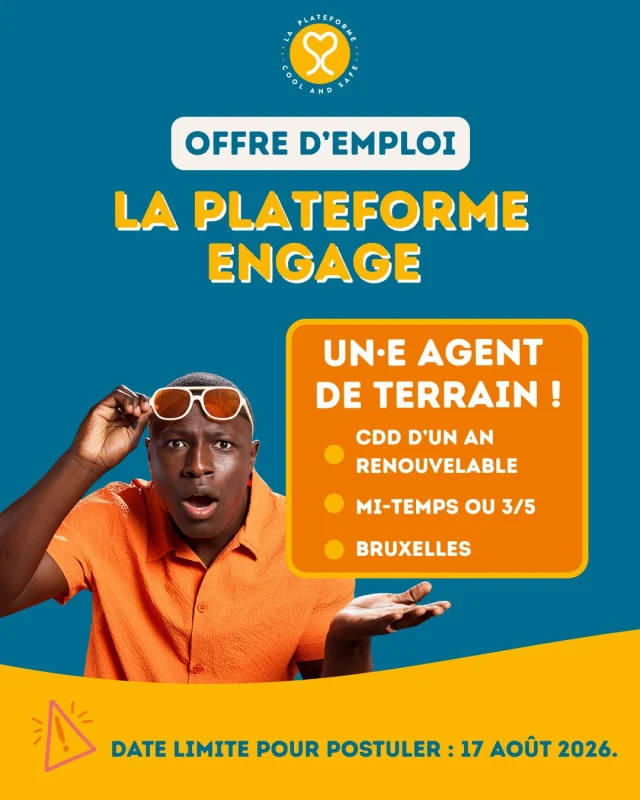 𝗢𝗙𝗙𝗥𝗘 𝗗'𝗘𝗠𝗣𝗟𝗢𝗜 | 𝗟𝗮 𝗣𝗹𝗮𝘁𝗲𝗳𝗼𝗿𝗺𝗲 𝗿𝗲𝗰𝗿𝘂𝘁𝗲 𝘂𝗻·𝗲 𝗮𝗴𝗲𝗻𝘁·𝗲 𝗱𝗲 𝘁𝗲𝗿𝗿𝗮𝗶𝗻 !
Vous souhaitez vous investir dans la promotion de la santé sexuelle et la prévention du VIH et des IST auprès des publics issus de la migration ? Rejoignez notre équipe !

Vos missions principales :
✅ 𝗔𝗻𝗶𝗺𝗲𝗿 𝗱𝗲𝘀 𝗮𝗰𝘁𝗶𝗼𝗻𝘀 𝗱𝗲 𝗽𝗿𝗲́𝘃𝗲𝗻𝘁𝗶𝗼𝗻 𝗲𝘁 𝗱𝗲 𝘀𝗲𝗻𝘀𝗶𝗯𝗶𝗹𝗶𝘀𝗮𝘁𝗶𝗼𝗻.
✅ 𝗥𝗲́𝗮𝗹𝗶𝘀𝗲𝗿 𝗱𝗲𝘀 𝗱𝗲́𝗽𝗶𝘀𝘁𝗮𝗴𝗲𝘀 𝗿𝗮𝗽𝗶𝗱𝗲𝘀 (𝗩𝗜𝗛, 𝗵𝗲́𝗽𝗮𝘁𝗶𝘁𝗲𝘀 𝗕 𝗲𝘁 𝗖, 𝘀𝘆𝗽𝗵𝗶𝗹𝗶𝘀).
✅ 𝗗𝗲́𝘃𝗲𝗹𝗼𝗽𝗽𝗲𝗿 𝗱𝗲𝘀 𝗽𝗿𝗼𝗷𝗲𝘁𝘀 𝗰𝗼𝗺𝗺𝘂𝗻𝗮𝘂𝘁𝗮𝗶𝗿𝗲𝘀 𝗲𝘁 𝗰𝗼𝗹𝗹𝗮𝗯𝗼𝗿𝗲𝗿 𝗮𝘃𝗲𝗰 𝗹𝗲𝘀 𝗽𝗮𝗿𝘁𝗲𝗻𝗮𝗶𝗿𝗲𝘀 𝗱𝗲 𝘁𝗲𝗿𝗿𝗮𝗶𝗻.

📍 Lieu : Bruxelles (avec quelques déplacements en Wallonie)

🕒 Contrat : mi-temps ou 3/5 – CDD d'un an, avec possibilité de prolongation.

𝗣𝗼𝘂𝗿 𝗽𝗼𝘀𝘁𝘂𝗹𝗲𝗿, 𝗲𝗻𝘃𝗼𝘆𝗲𝘇-𝗻𝗼𝘂𝘀 𝘃𝗼𝘁𝗿𝗲 𝗖𝗩 𝗲𝘁 𝘃𝗼𝘁𝗿𝗲 𝗹𝗲𝘁𝘁𝗿𝗲 𝗱𝗲 𝗺𝗼𝘁𝗶𝘃𝗮𝘁𝗶𝗼𝗻 𝗮̀ :
- ✉️ La Plateforme, Place de la Vieille Halle aux Blés, 28/29 – 1000 Bruxelles
- ﹫ ou par mail à info@la-plateforme.be 
Date limite de candidature : 𝟭𝟳 𝗮𝗼𝘂̂𝘁 𝟮𝟬𝟮𝟲.

Consultez l'annonce complète et les modalités de candidature via notre site La-plateforme.be

 #jobs